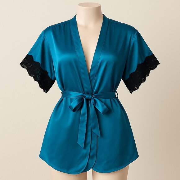 Vintage Fantasies Morgan Taylor Satin Robe Teal 0/3 Lace Kimono